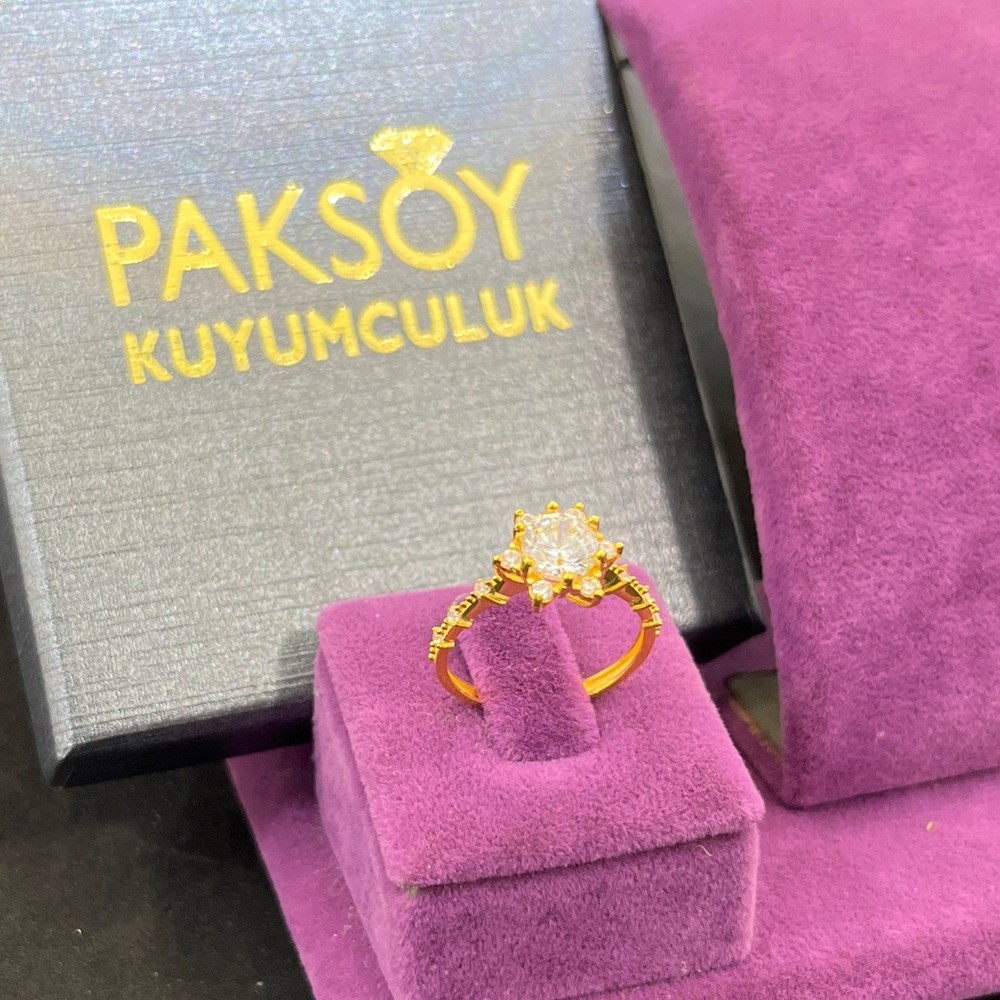 22 Ayar Altın Yüzük Lotus Tektaş Özel Tasarım 3.20gr 15 Numara Kadın Hediye - T00259